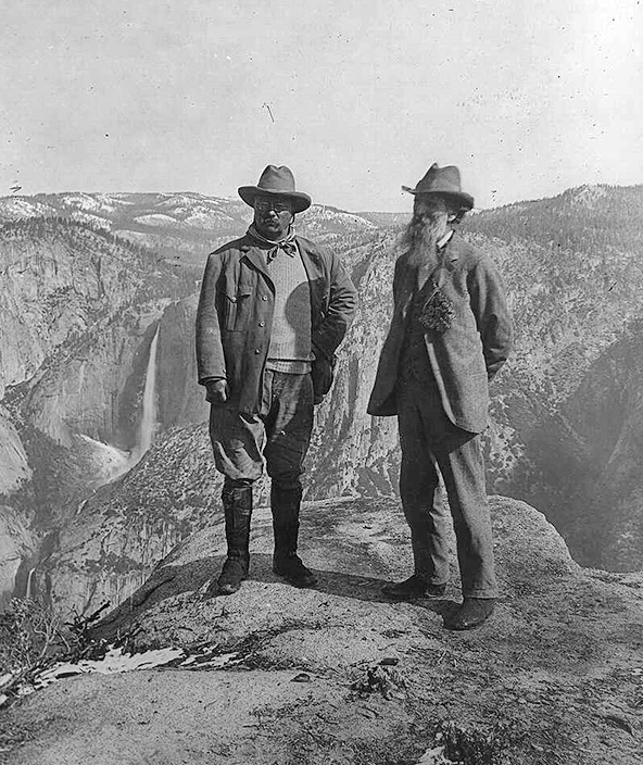 Theodore Roosevelt and John Muir on Glacier Point, Yosemite Valley, California, in 1903. Photo by Underwood & Underwood, C. C. (ca. 1906), Library of Congress, Prints & Photographs Division, LC-DIG-ppmsca-36413