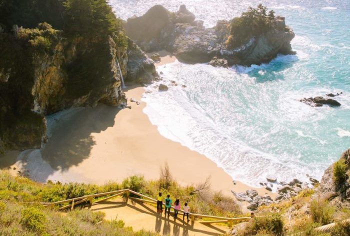 a top-down view of a vista point, with a group of people looking down at a coastline from a fenced-in, sandy area