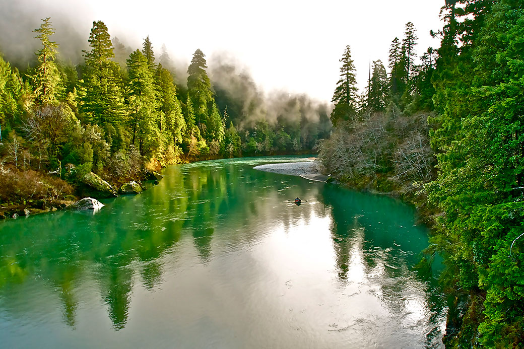 a river travels between two sections of forest, with tree reflections seen clearly in still water