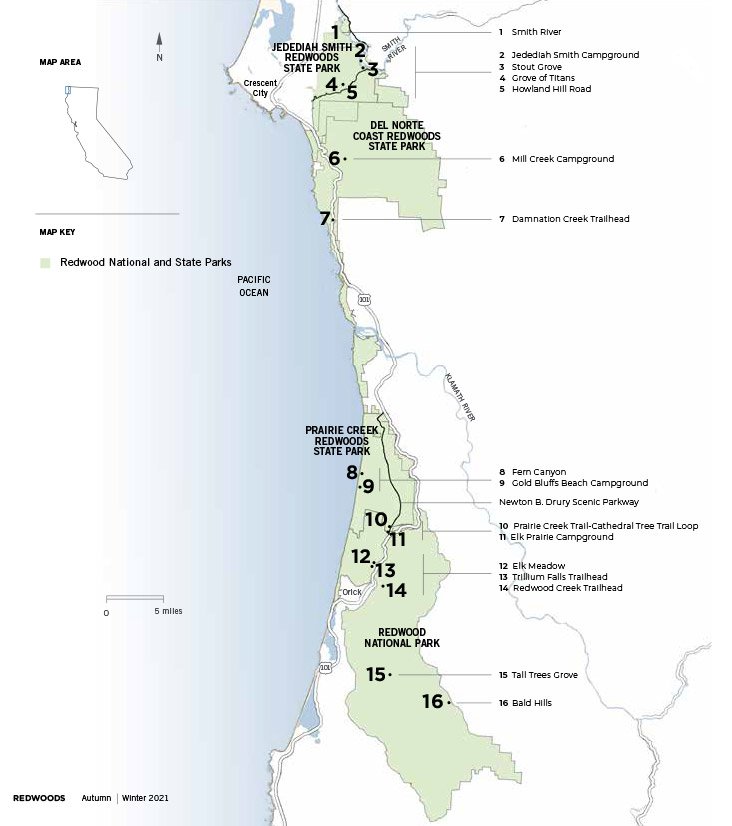 Map of the northern coast of California with state and national parks in green and numbered spots that denote spots within those parks