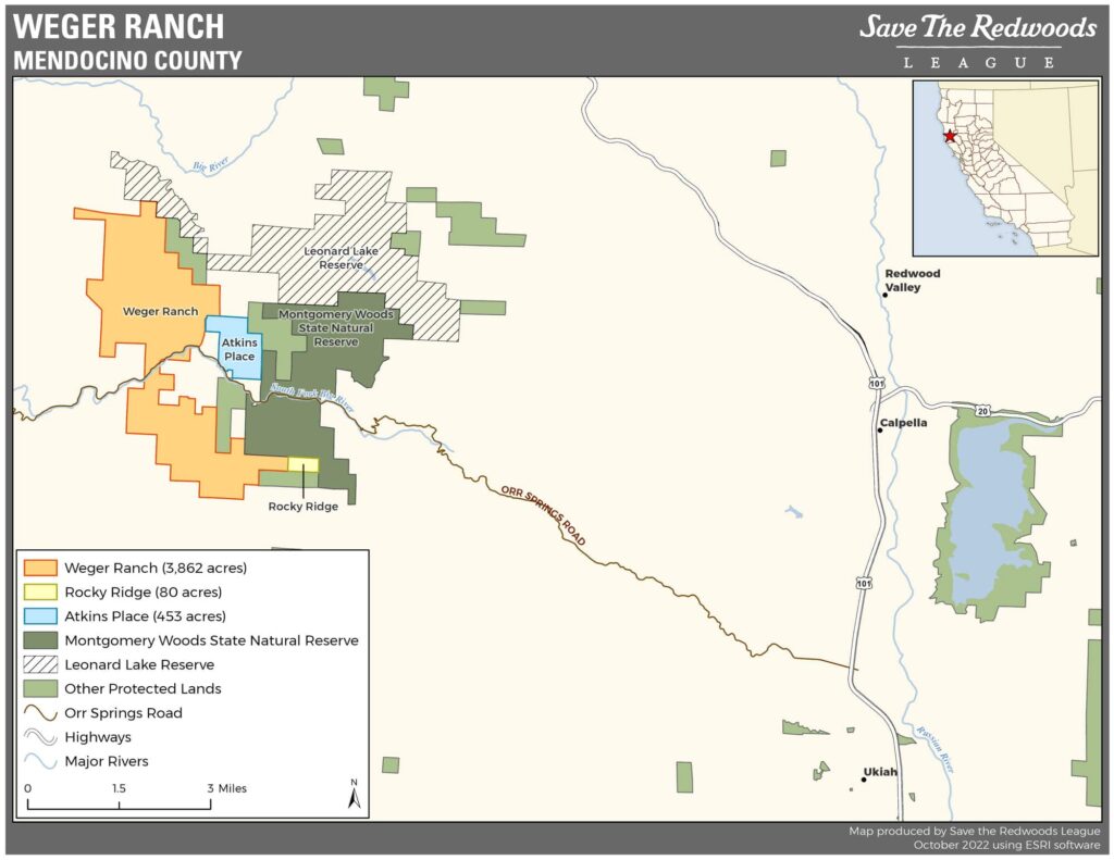 Montgomery Woods Initiative Map featuring Weger Ranch, Atkins Place, and Montgomery Woods State Natural Reserve.