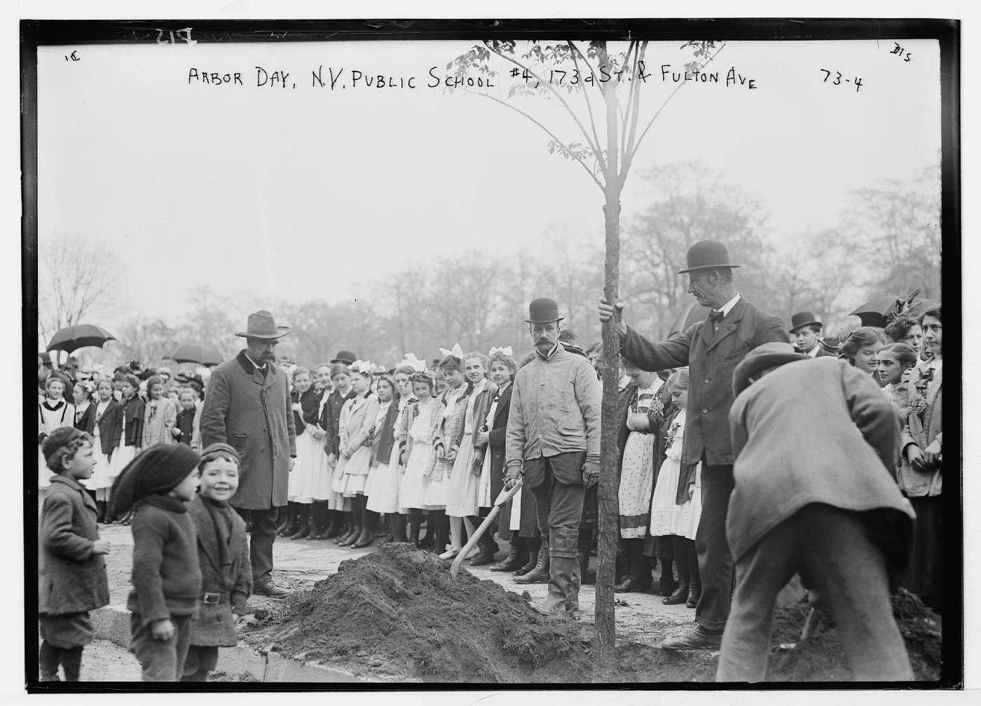Adults plant a tree as dozens of schoolchildren watch in 1908, black and white
