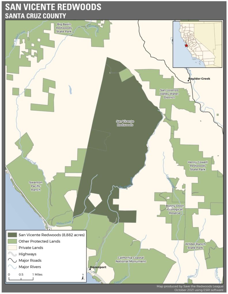 Location map of San Vicente Redwoods, near Davenport, California.