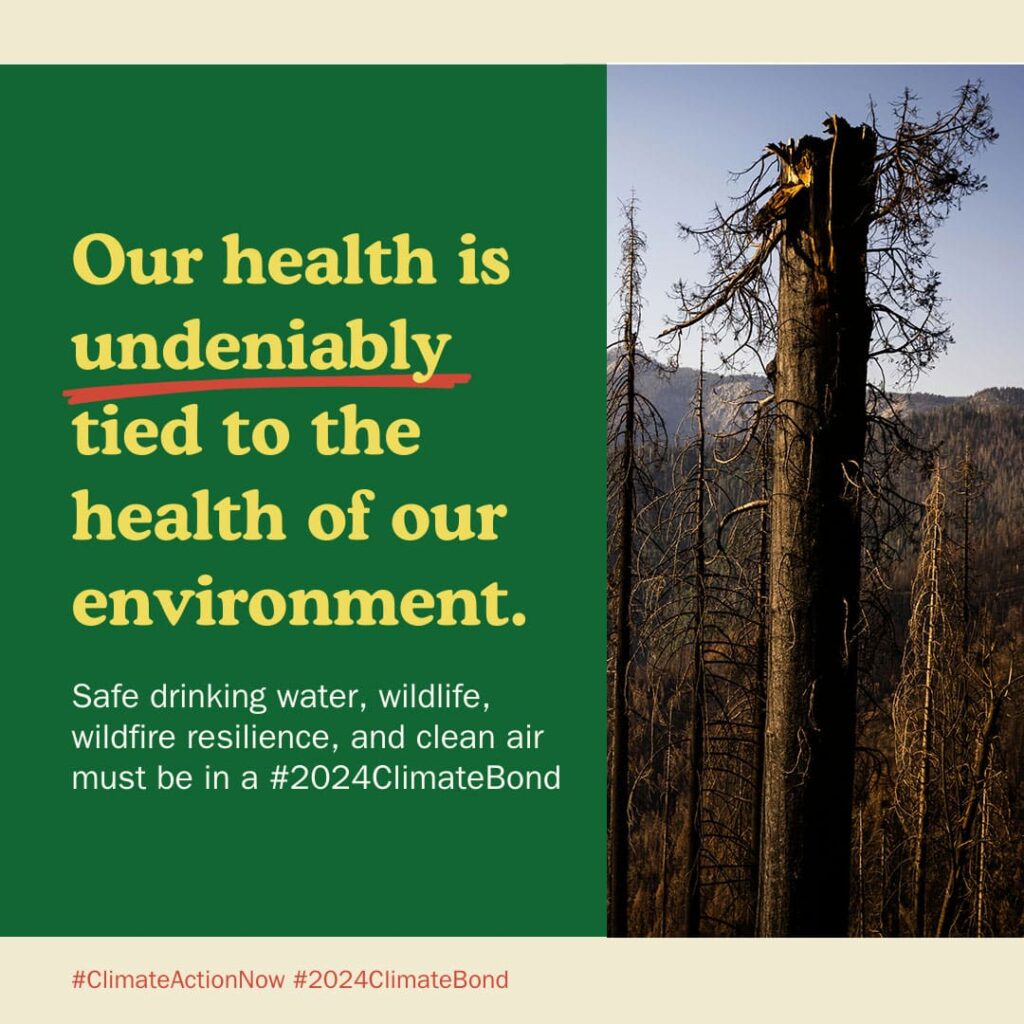 A graphic that reads "Our health is undeniably tied to the health of our environment. Safe drinking water, wildlife, wildfire resistance, and clean air must be in a #2024ClimateBond.