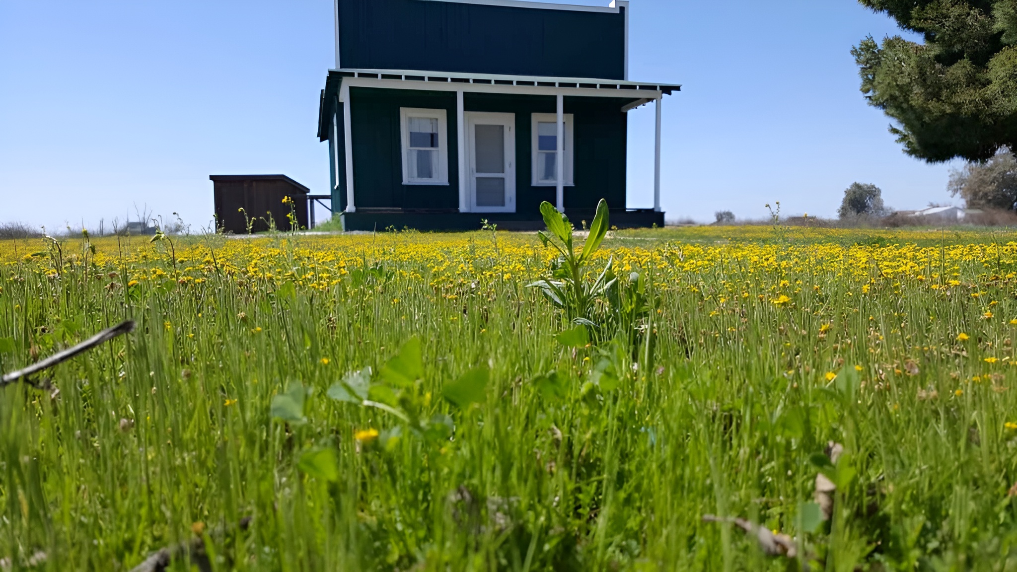 historic building in a grassy meadow