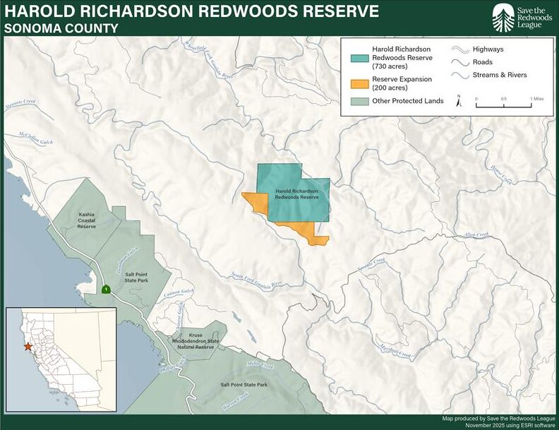 Map of the Harold Richardson Redwoods Reserve and Expansion properties