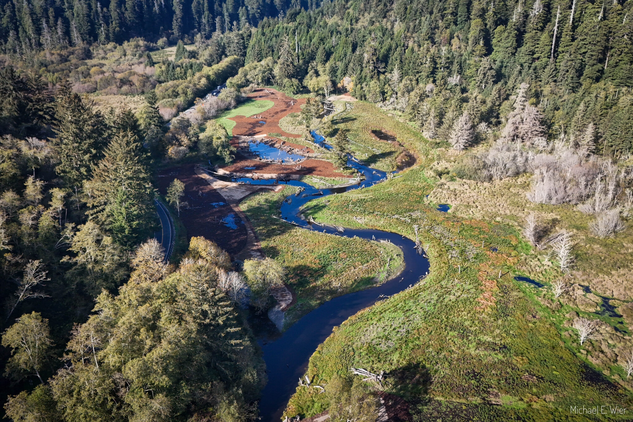 Aerial view of winding creek through forested meadow