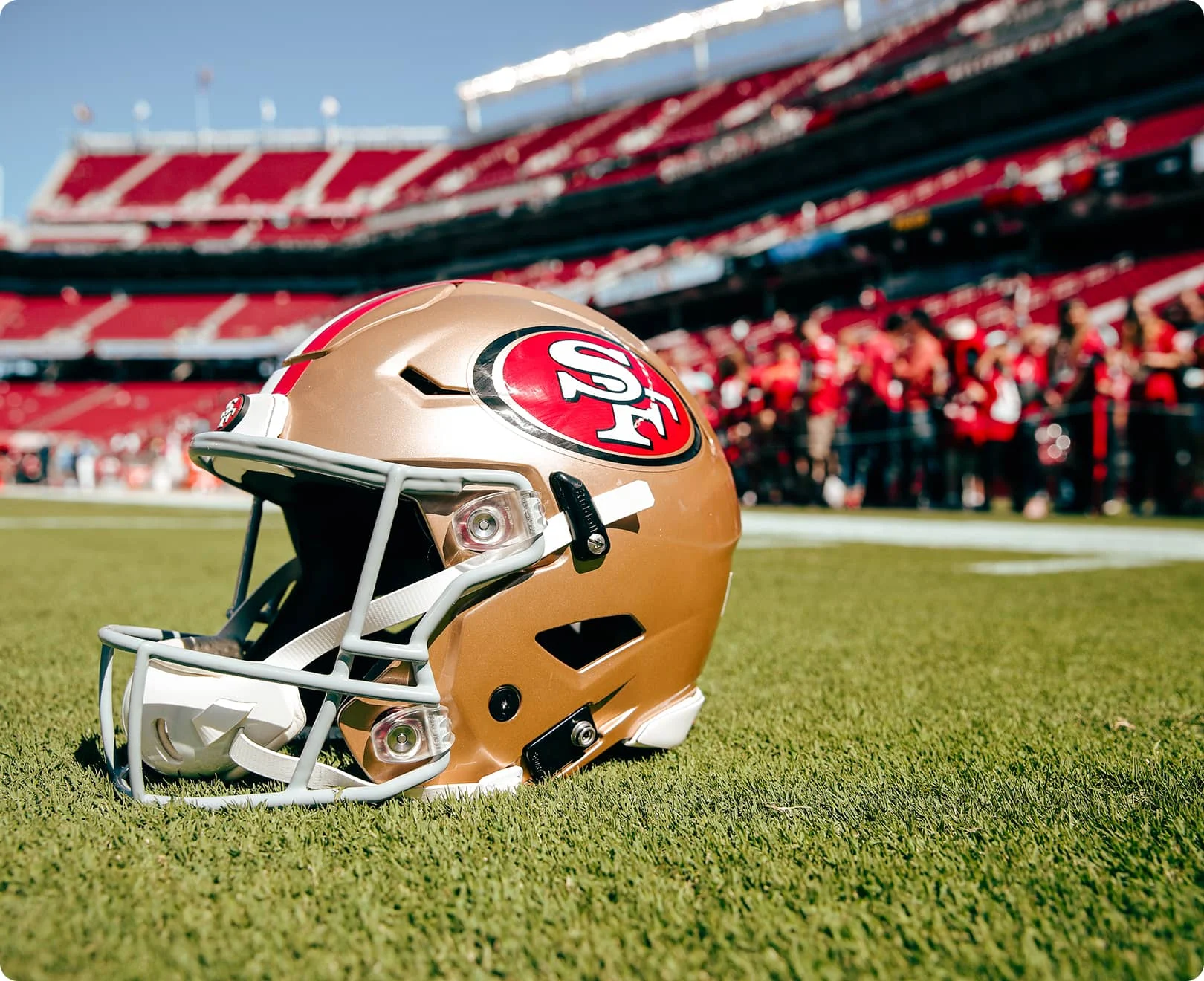 San Francisco 49ers football helmet on the field at Levi's Stadium