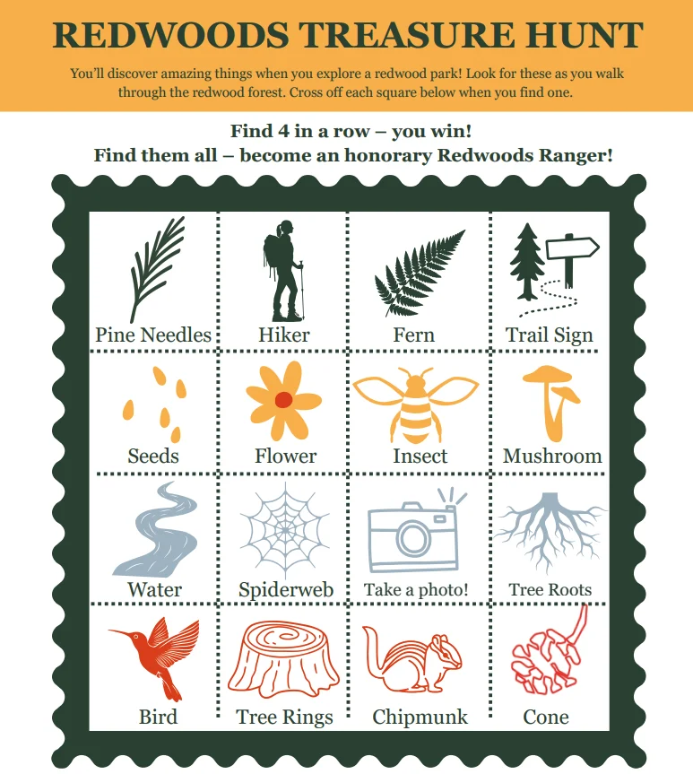 Redwoods treasure hunt bingo card