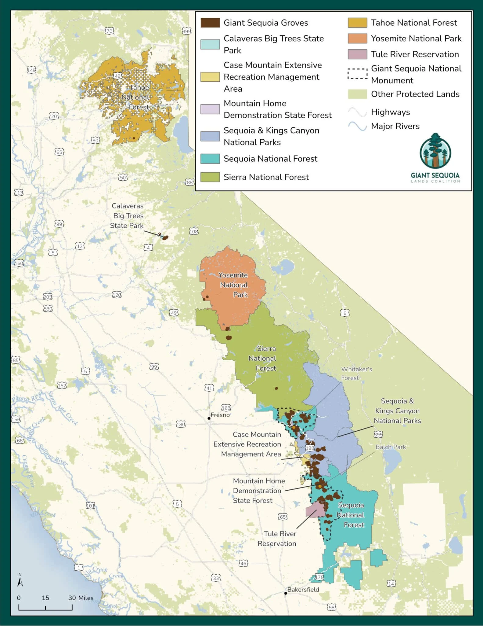 a map of the sierra nevada with giant sequoia groves highlighted