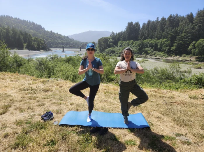 two people perform a one-legged stand on a blue yoga mat