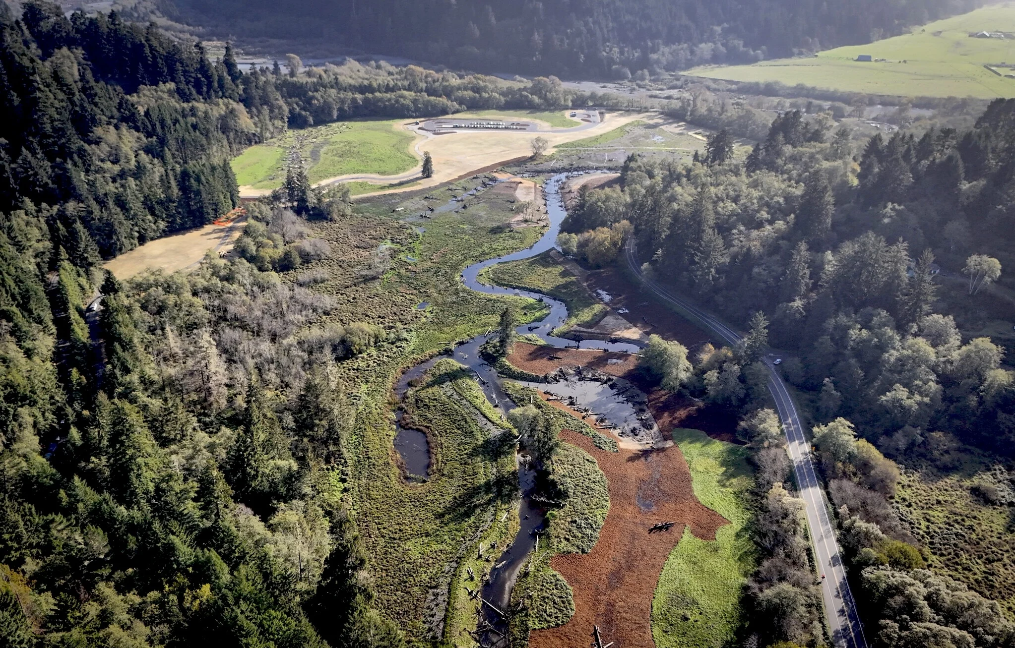 an aerial view of a winding stream through green meadows surrounded by redwood trees