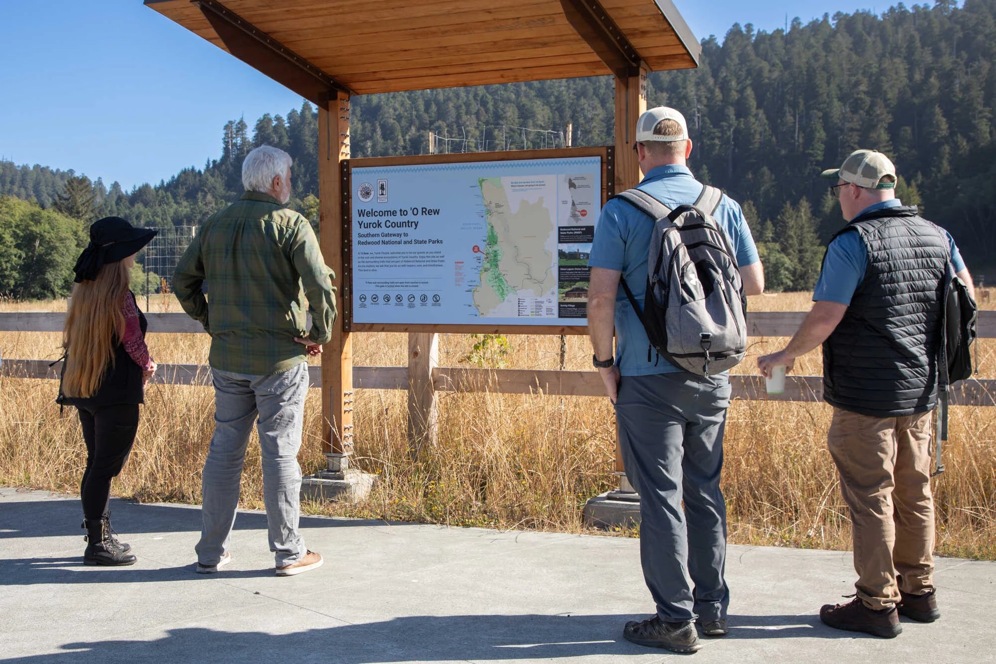 Interpretive signage welcomes you to Yurok Country and tells the story of 'O Rew from an indigenous perspective told by the Yurok Tribe.