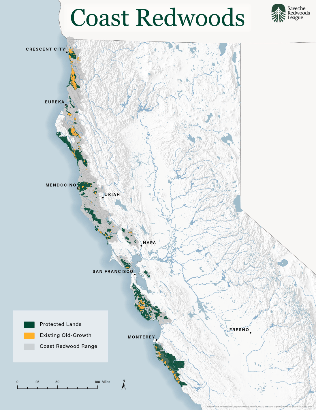 Map of California with coast redwoods in shaded areas