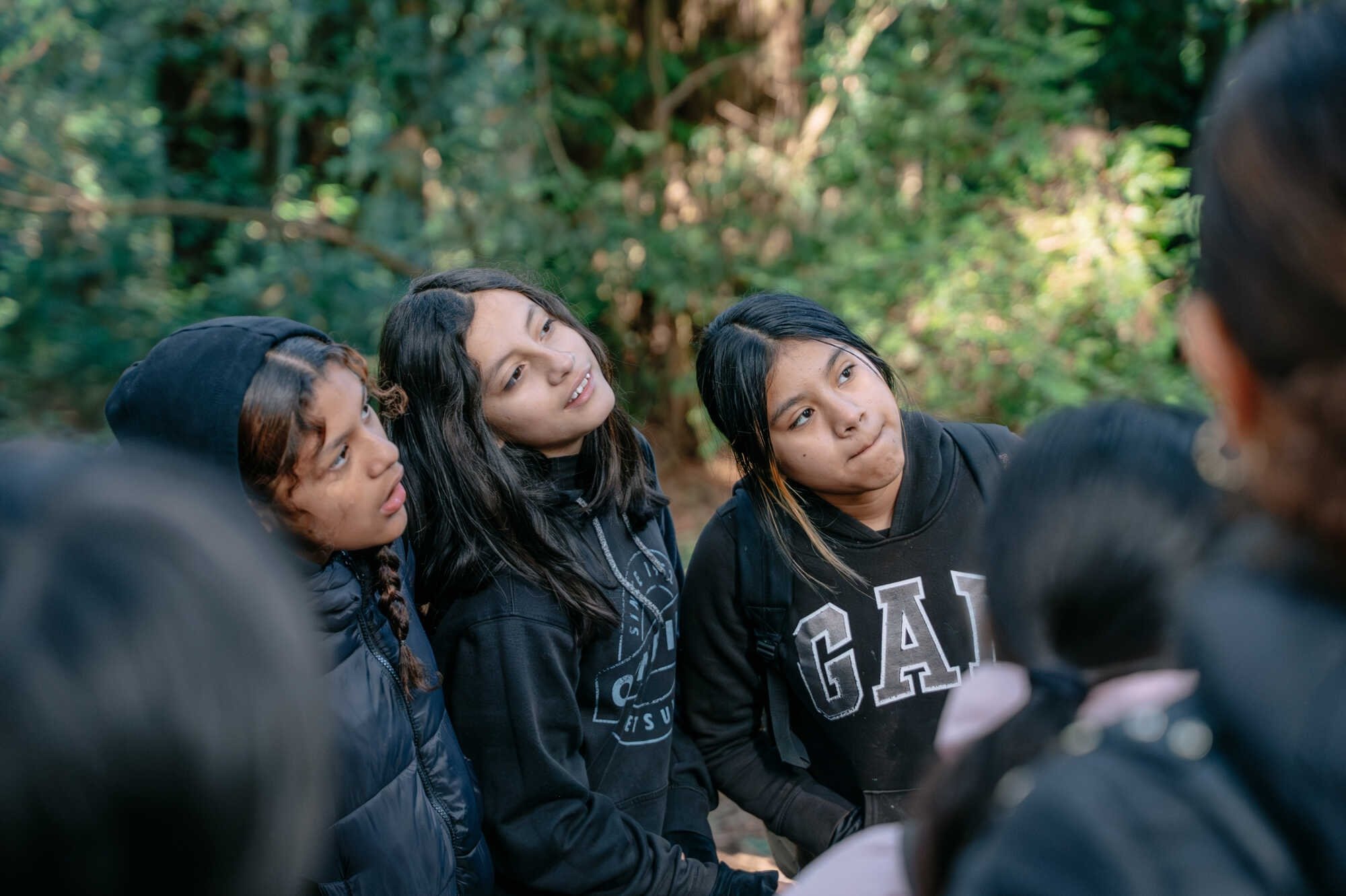 A group of kids listen intently while on a redwood forest hike.