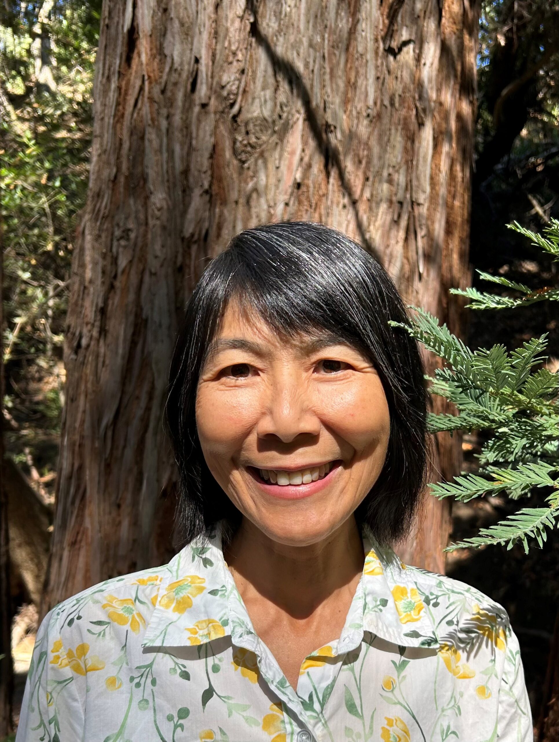 Woman smiling in front of redwood tree