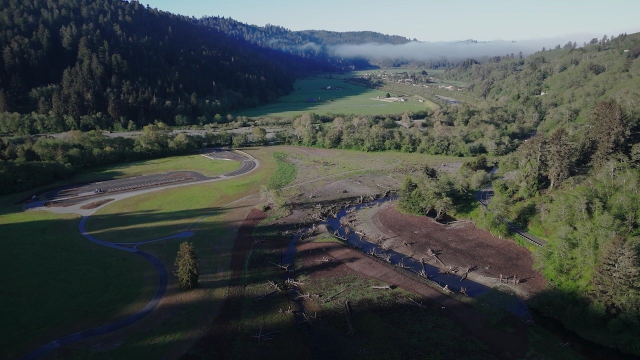 Aerial view of restored 'O Rew Redwoods Gateway site along Prairie Creek